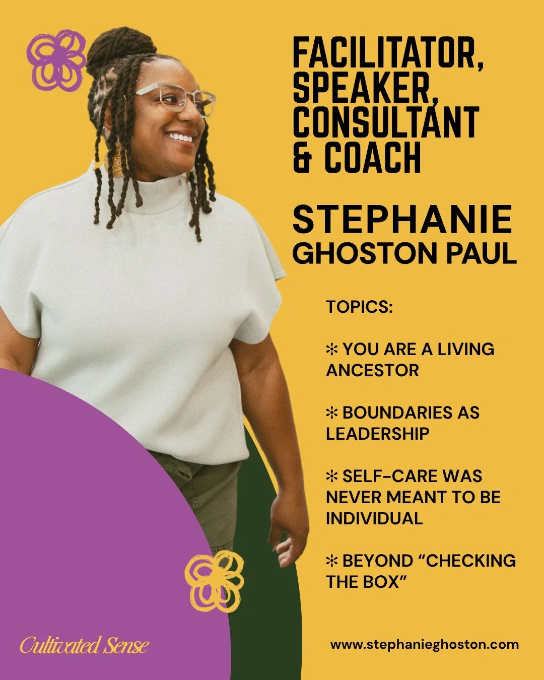 I speak, facilitate, consult, and coach at the intersection of leadership, culture, care, identity, and liberation.

My work asks questions like:

What does it mean to be a Living Ancestor right now?

What becomes possible when boundaries are underst