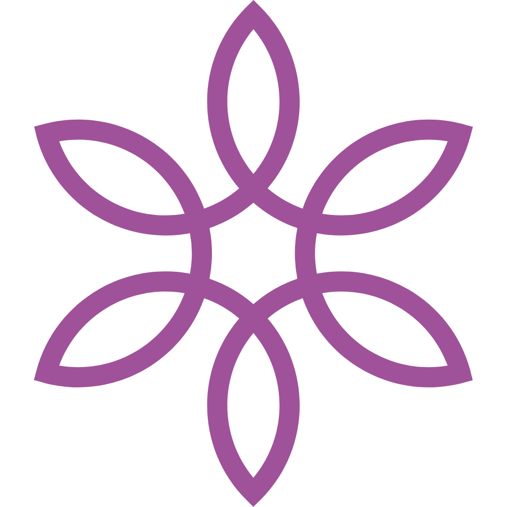 A symmetrical purple geometric flower design with interconnected pointed oval shapes on a black background.