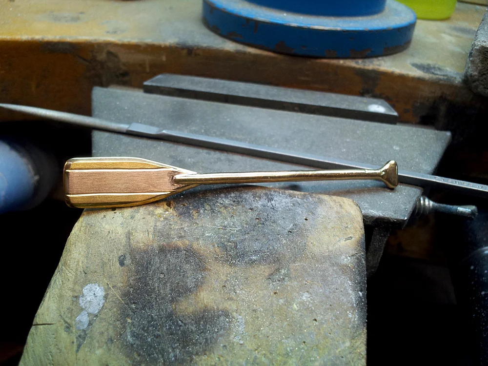 Brass and copper hand fabricated paddle brooch