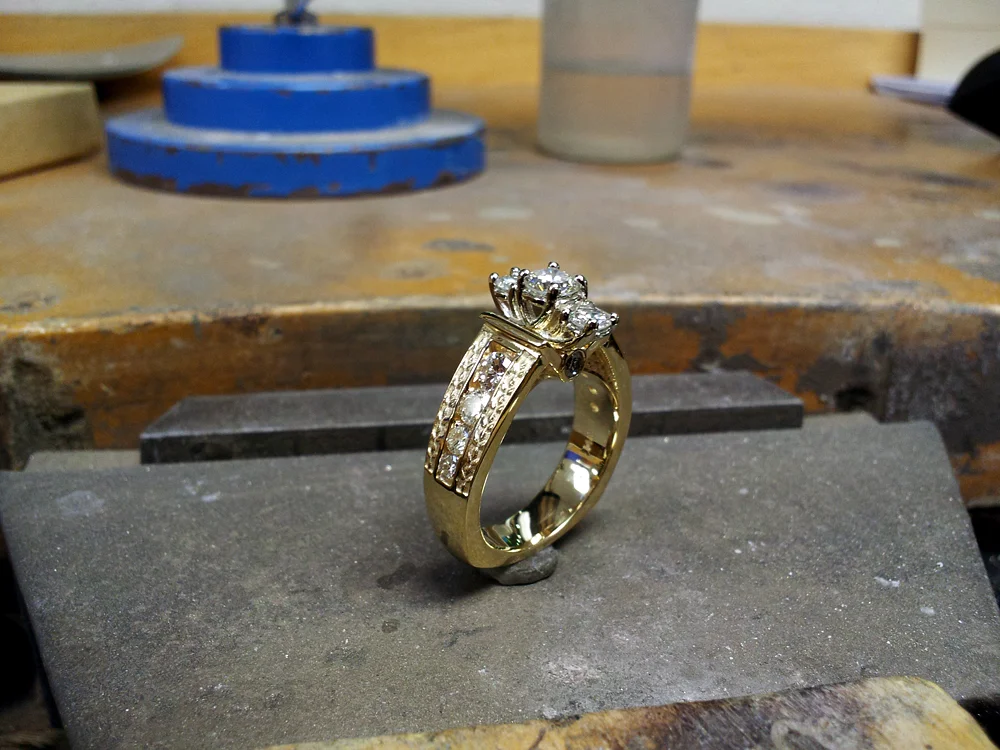 14k three stone diamond remount
