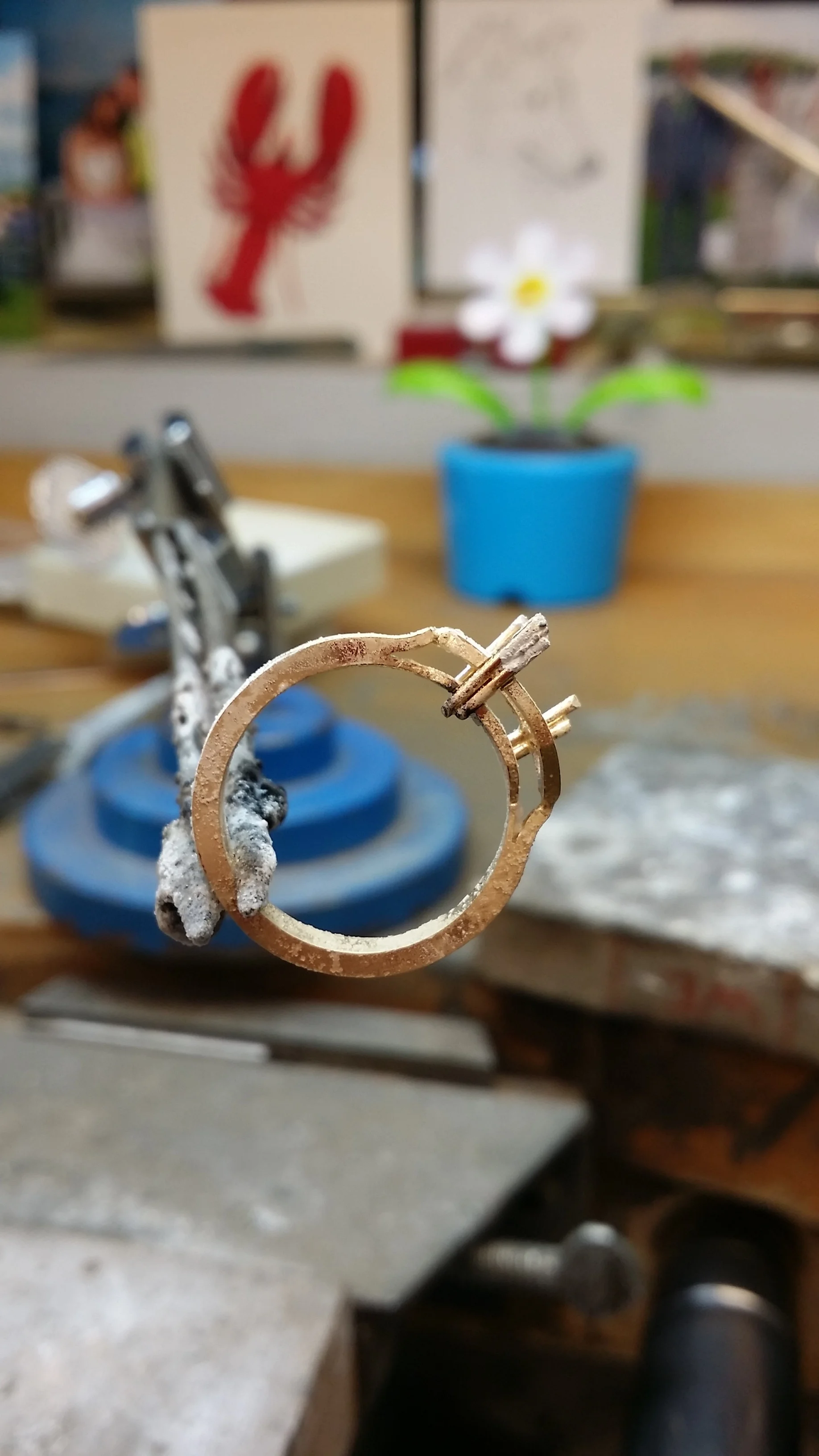 14k three stone mount in process