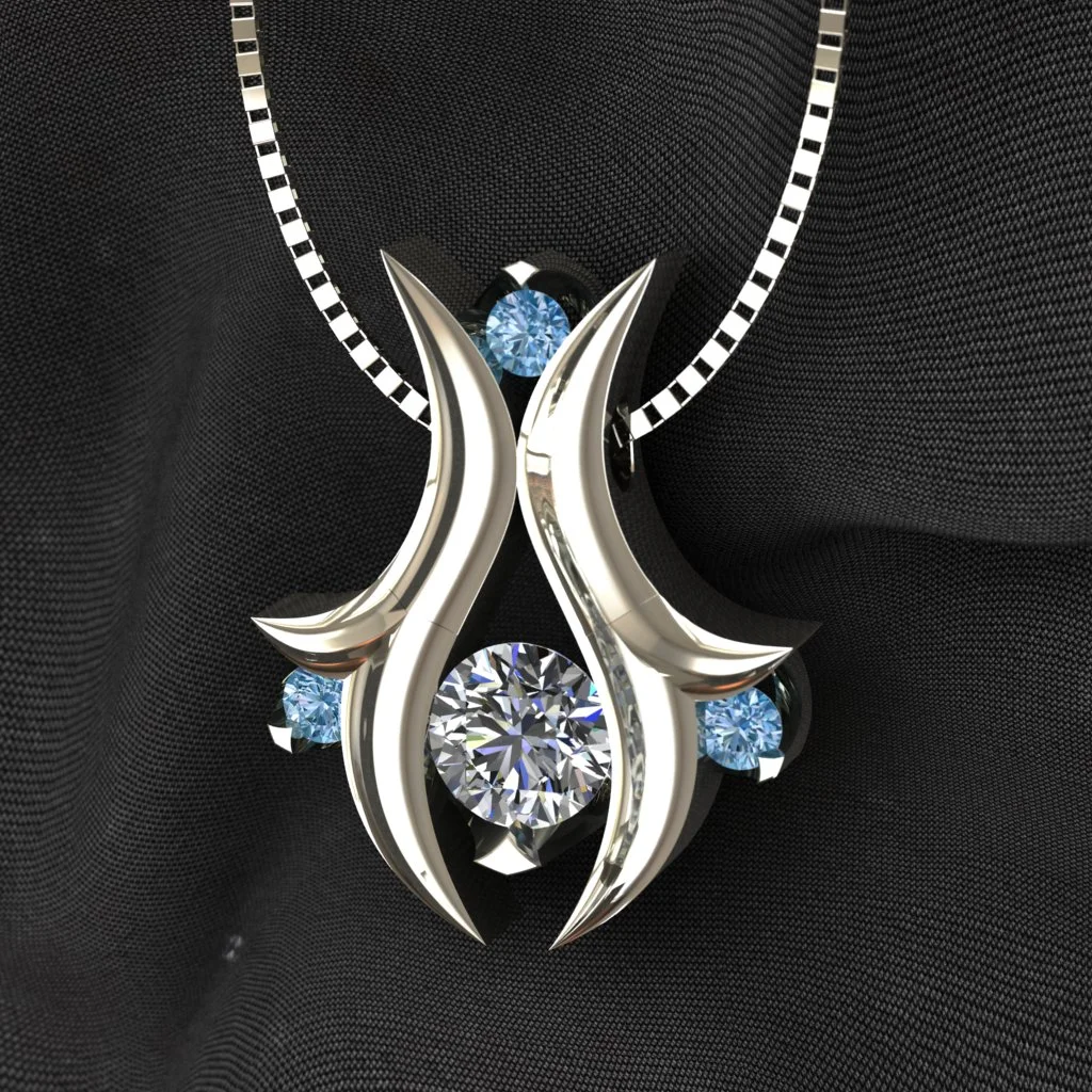 Render: 14k diamond pendant with colored diamond accents