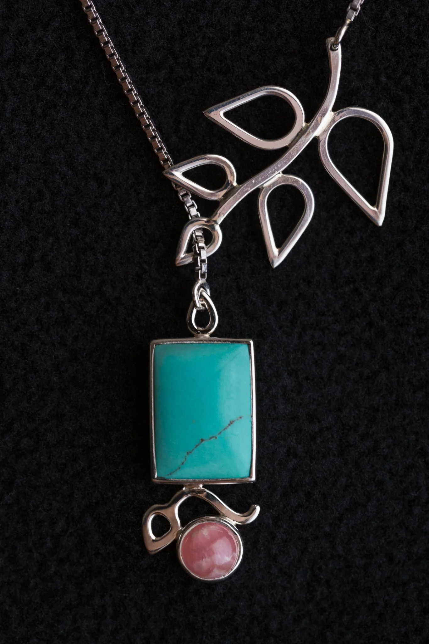 Sterling silver turquoise and rhodochrosite lariat neck