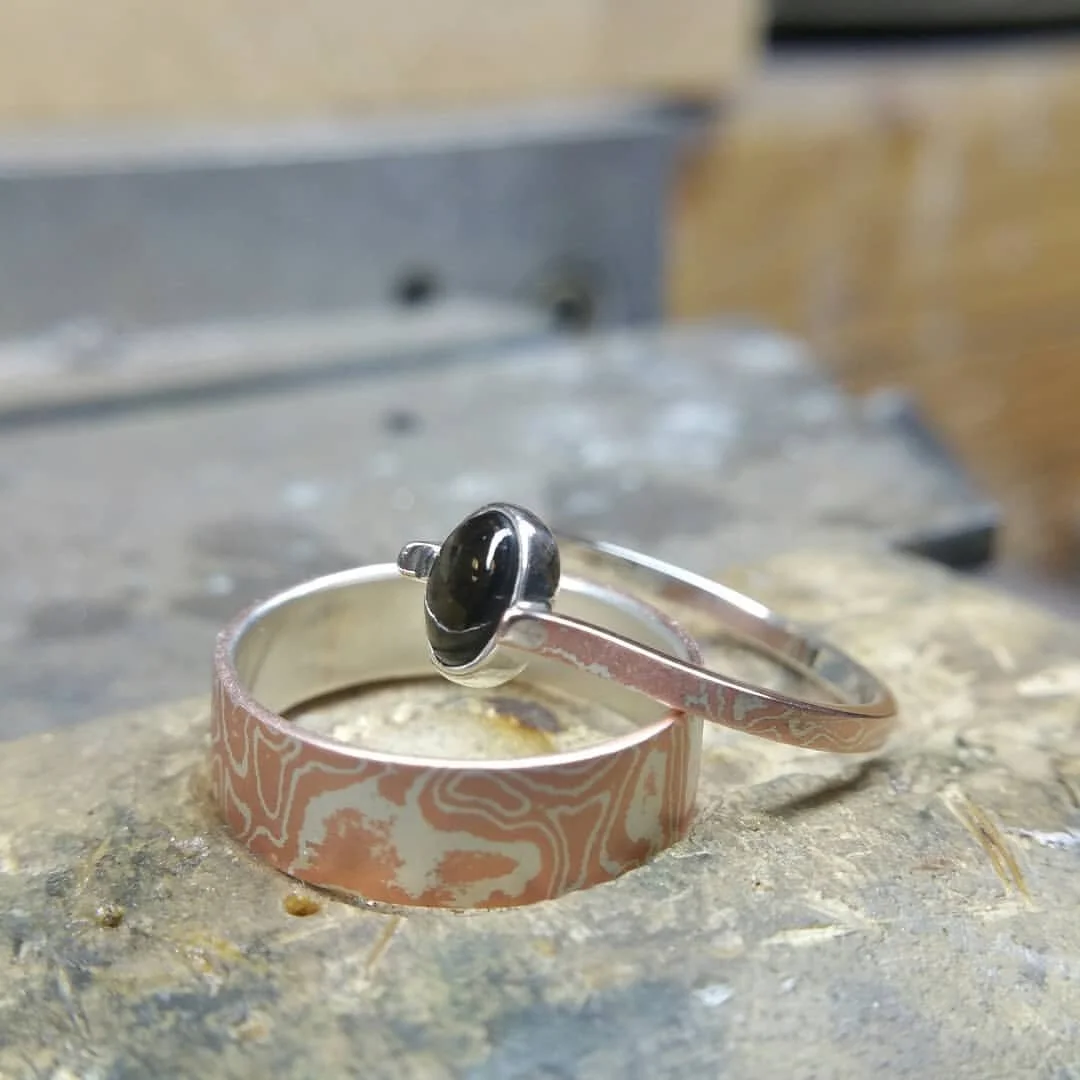 Sterling Copper mokume gane and black star sapphire ring set