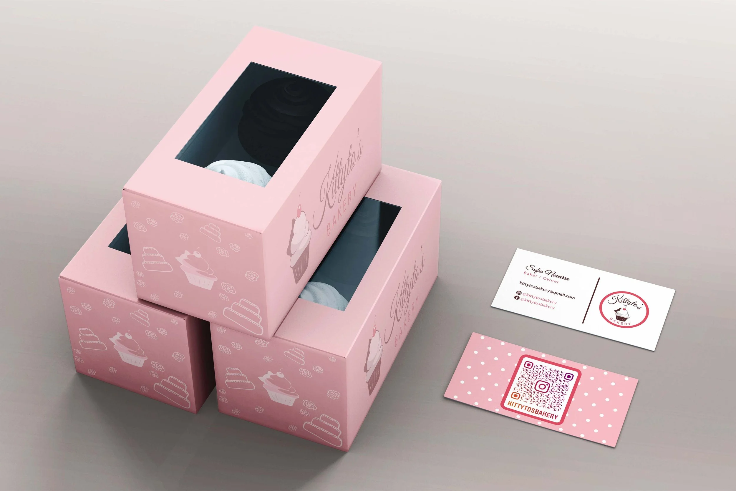 Kittyto's Bakery logo on boxes and business cards