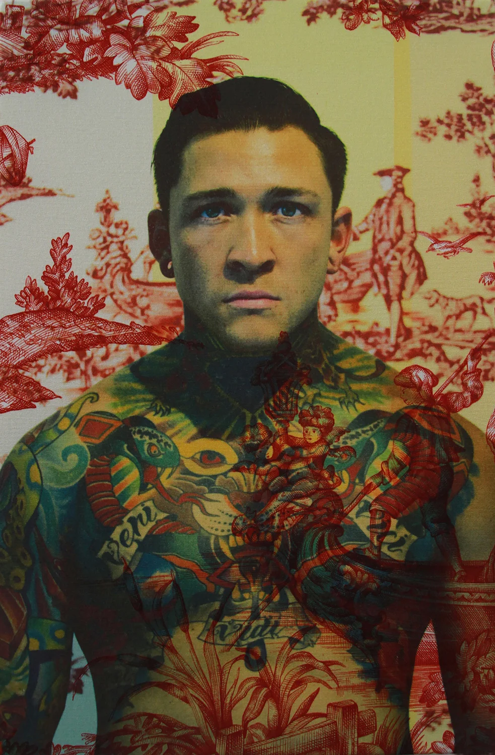 Tyler True face and torso Los Angeles<br/>(on red and yellow water music toile) 2015