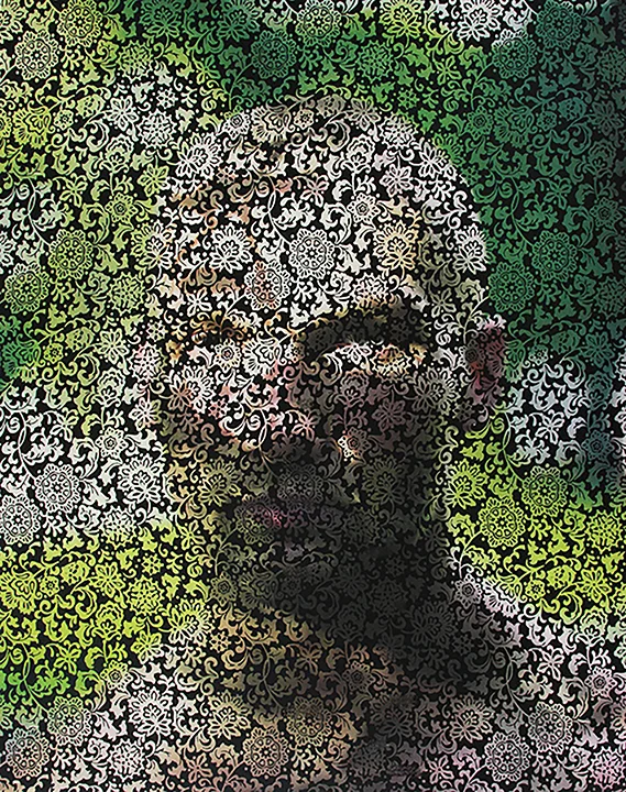 Maciek Mika face Munich (on black & white abstract floral cotton) 2015