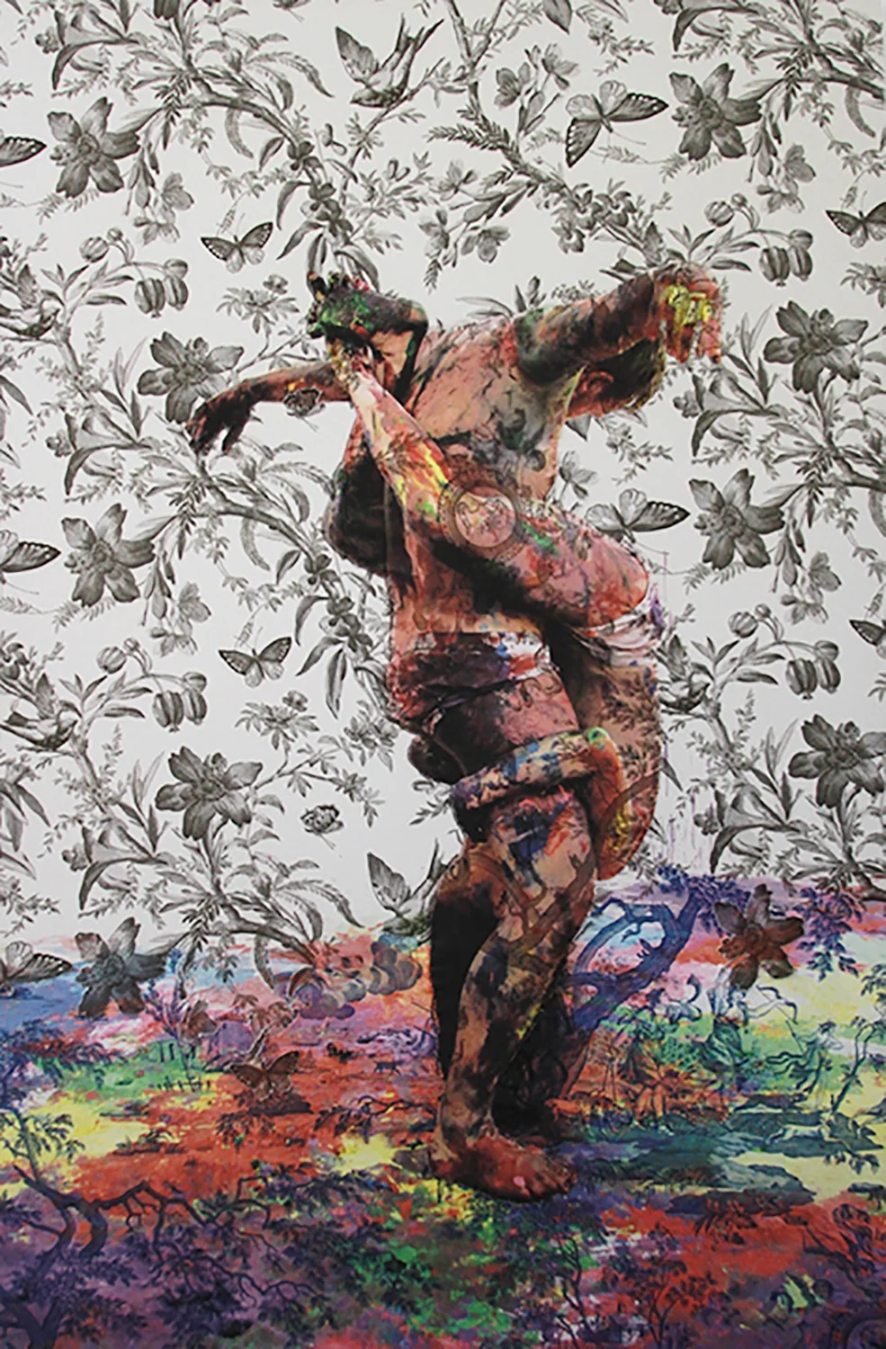 Damien Jalet and Alexandra Gilbert in Jim Hodges paint sculpture New York (on grey butterfly, blue mythical, and black mythical toile) 2013-15