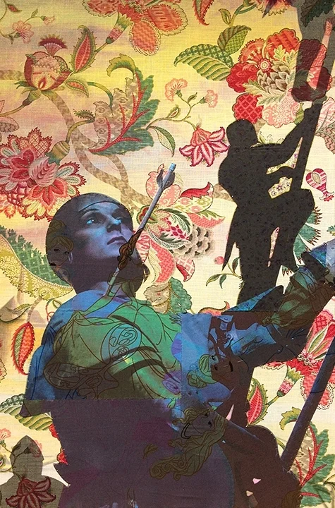 Wax statue of Joan of Arc Rouen (on red & blue paisley print, Disney Princess, & Liberty prints) 2016