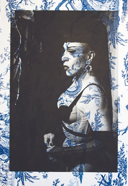 Joey Arias backstage New York (on blue mythic toile) 2013