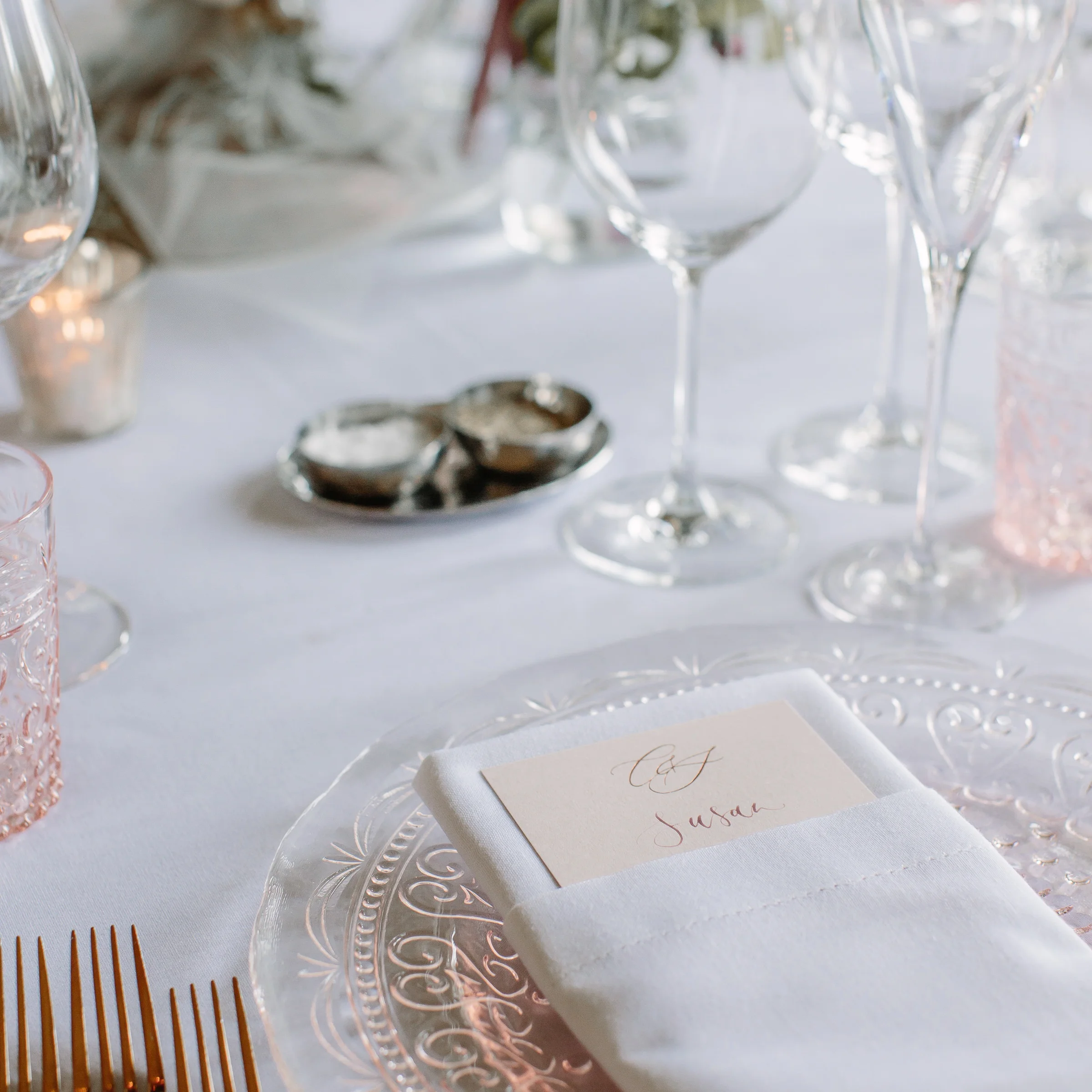 Personalised individual menu cards doubled up as place settings, hot foil printed by Rose Press and captured by Joanna Brown at Ragley Hall