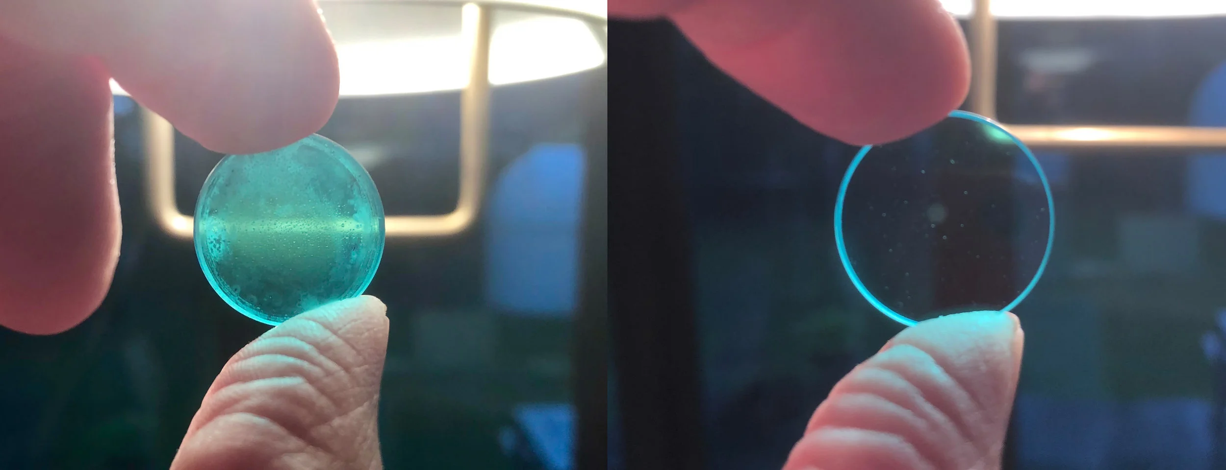 Old blue glass filter and the replacement - spot the difference