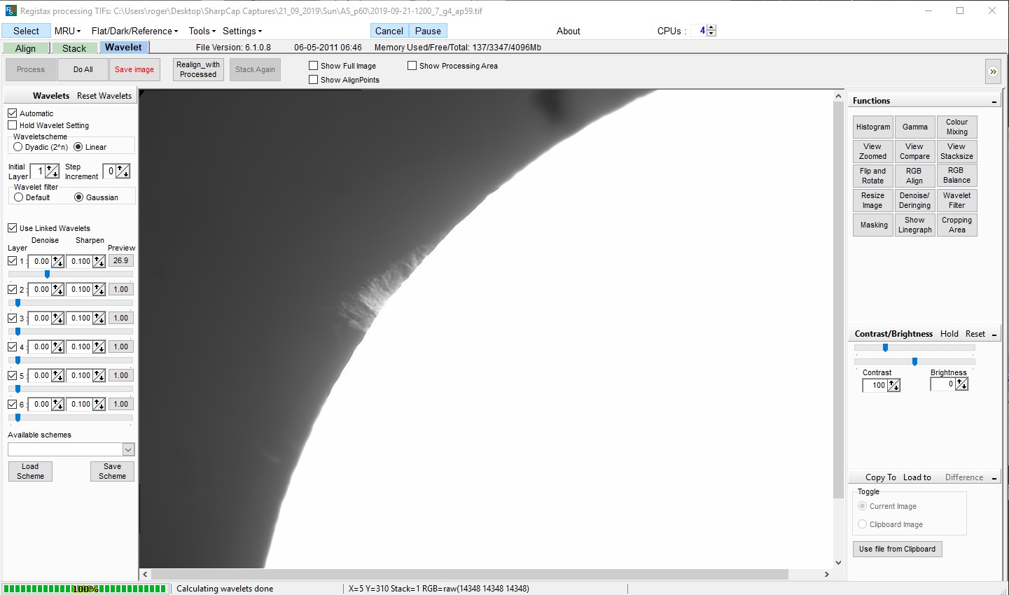 The stacked image is then opened in Registax for sharpening, I’ve not aggressively sharpened as I find over-sharpening can lead to a very artificial result