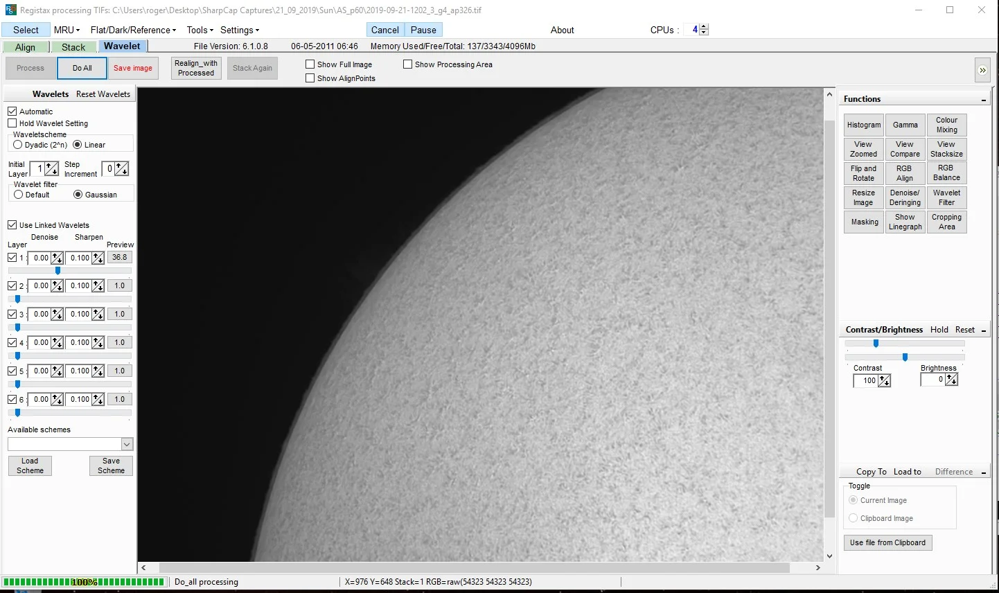Now we apply sharpening in Registax, once done the images are ready for processing in PhotoShop