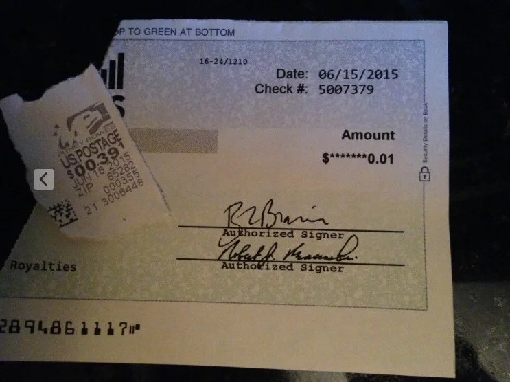 1 cent royalty check with 39 cent stamp LOL!
