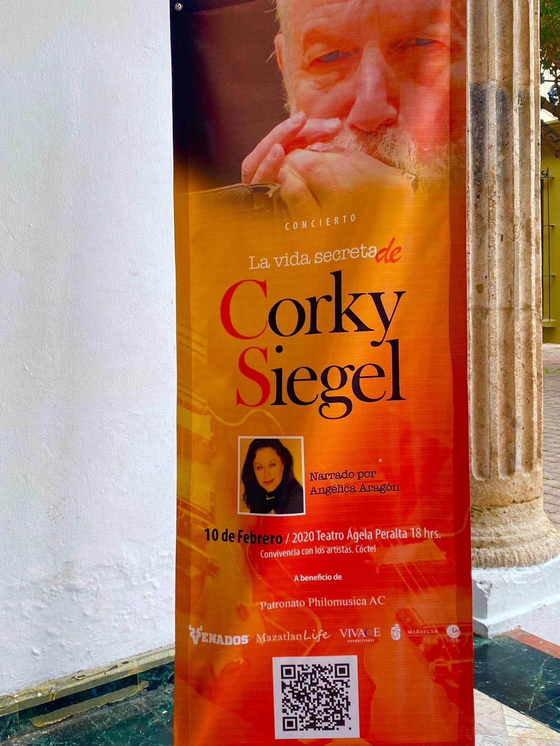 Banner in front of the Angela Peralta Opera House - Mazatlan Mexico