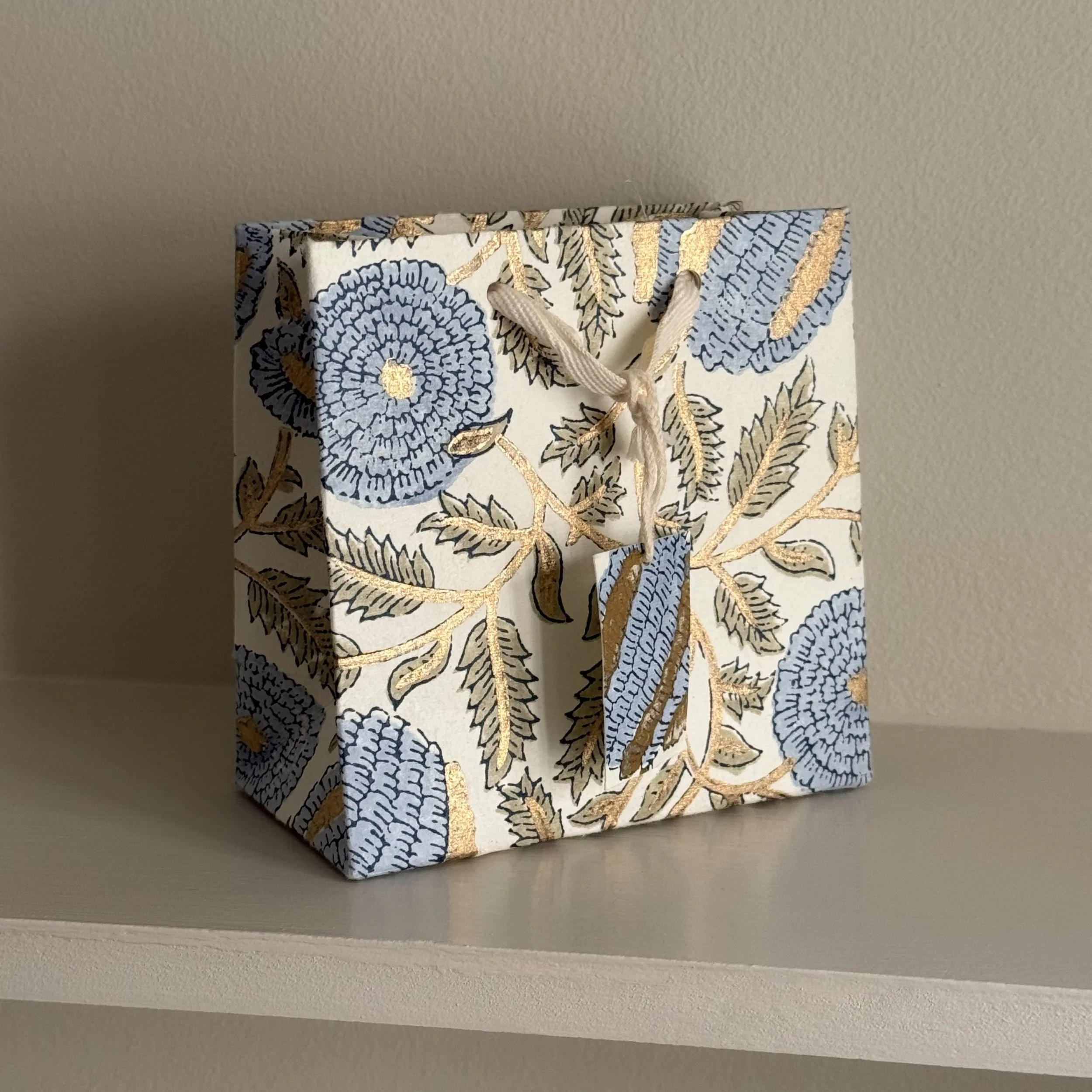 Small Block Printed Gift Bag Blue Flowers