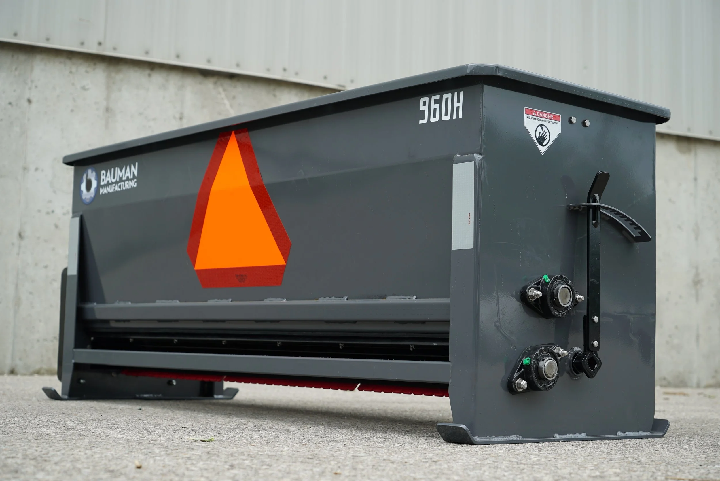 Bauman 960H Drop Spreader – rear hopper view highlighting wide, even spreading performance.