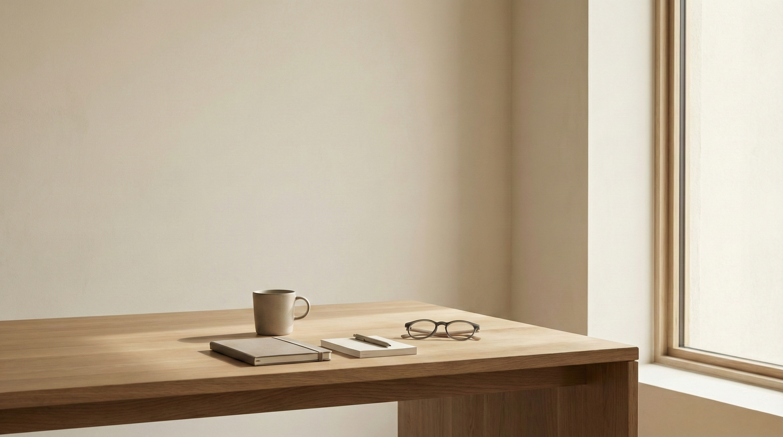 A minimalist wooden desk near a window, with a coffee mug, closed notebook, pen, and a pair of glasses on it.