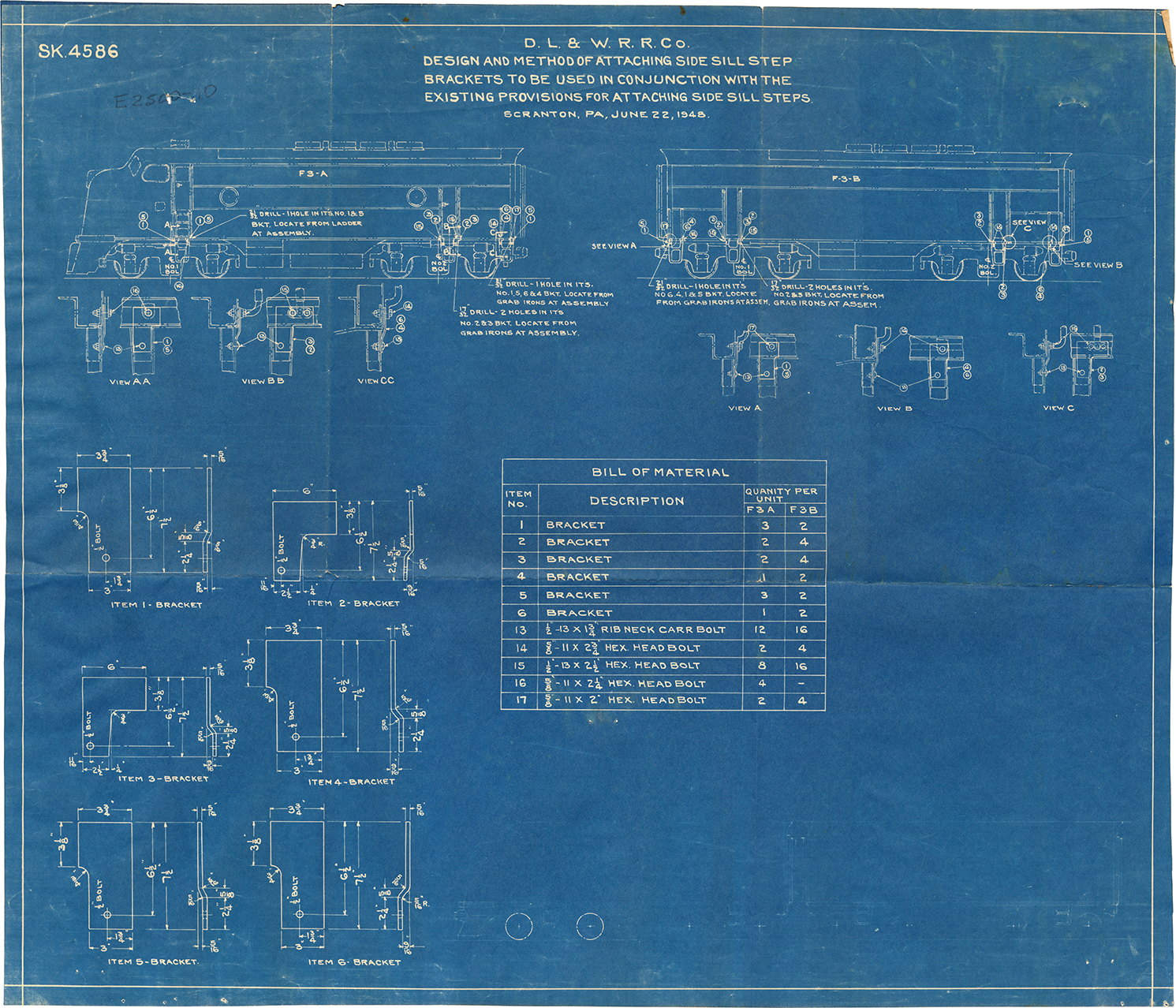 DL&W diagram from June 22, 1948 illustrating the application of steps on an F3 locomotive - one of hundreds of drawings that applied to the individual parts of this locomotive. (Matt Phalon collection)