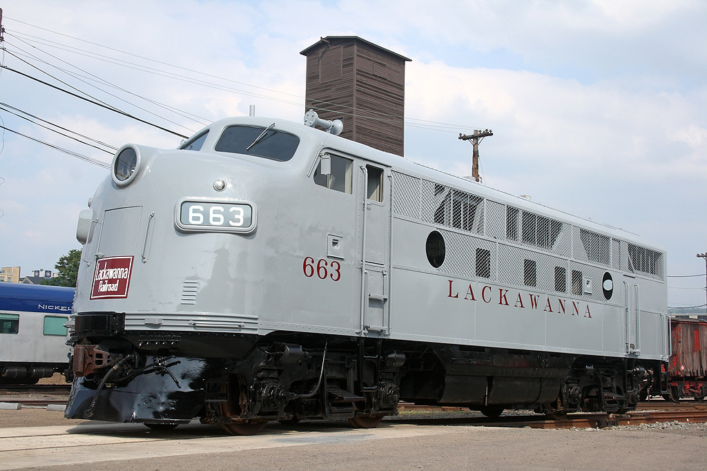 Partially-painted No. 663 displays the Lackawanna's "grey ghost" scheme outside the Steamtown paint booth in this June 25, 2010 image. (Sam Botts photo)