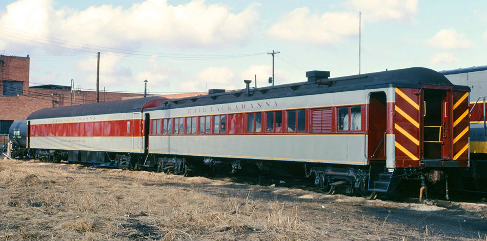 On a crisp December 1, 1973 in Marion, OH, Erie Lackawanna #10 (on the left) is joined by Erie Lackawanna #24, a steam generator car converted from an old Erie Stillwell coach. (Mike Woodruff photo)
