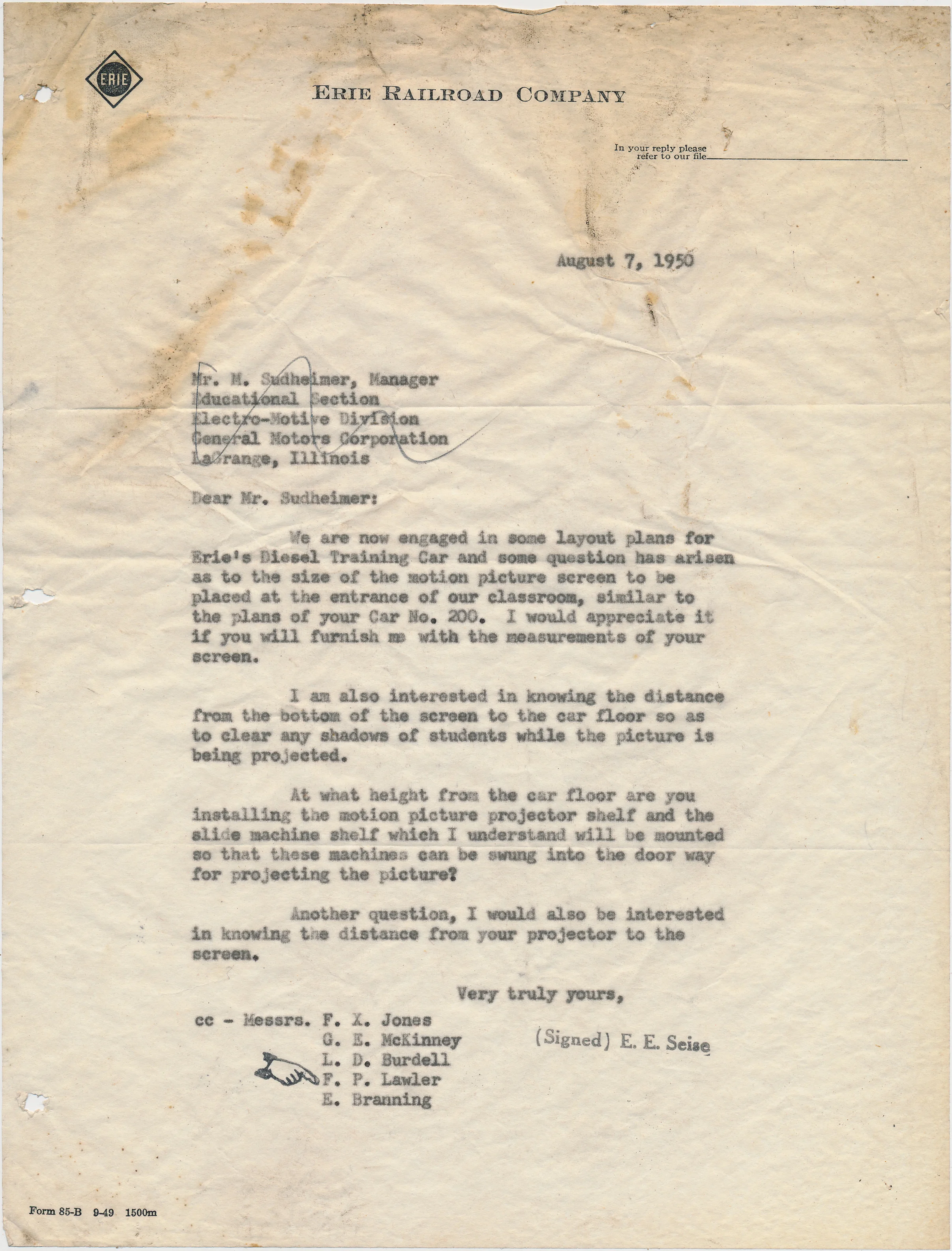 This August 7, 1950 letter was written by E. E. Seise of the Erie to M. Sudheimer of the EMD Educational Section, inquiring about potential screen and projector setups for Erie #10. (Tri-State Railway Historical Society collection)