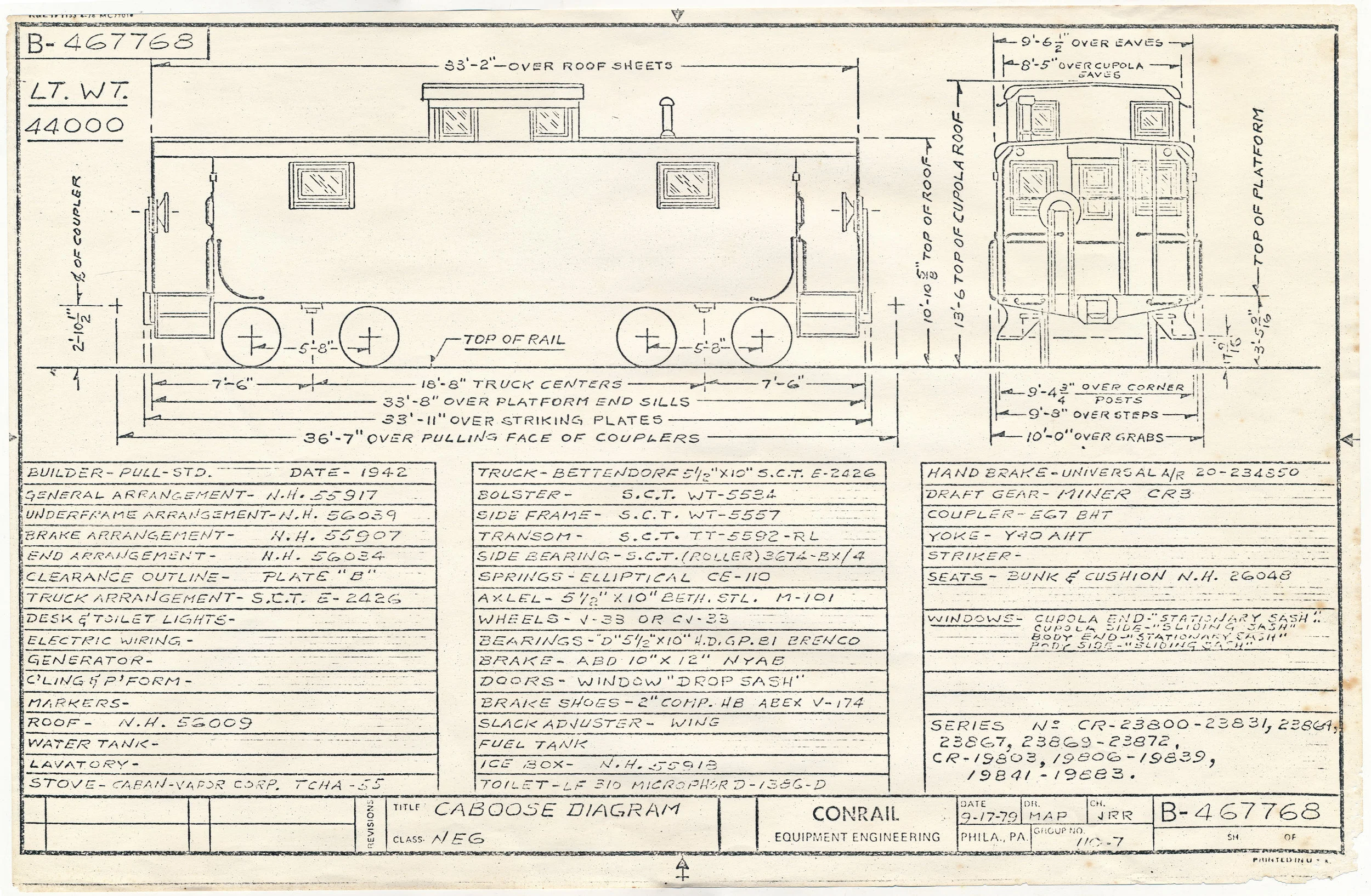 This September 17, 1979 diagram shows the Conrail NE6 class of cabooses, of which Raritan River No. 10 (Conrail No. 19796) was a member. However, our car did not join Conrail for another seven months after this diagram was drawn, when the Raritan River was absorbed into Conrail. (Collection of The Conrail Historical Society - www.TheCRHS.org )