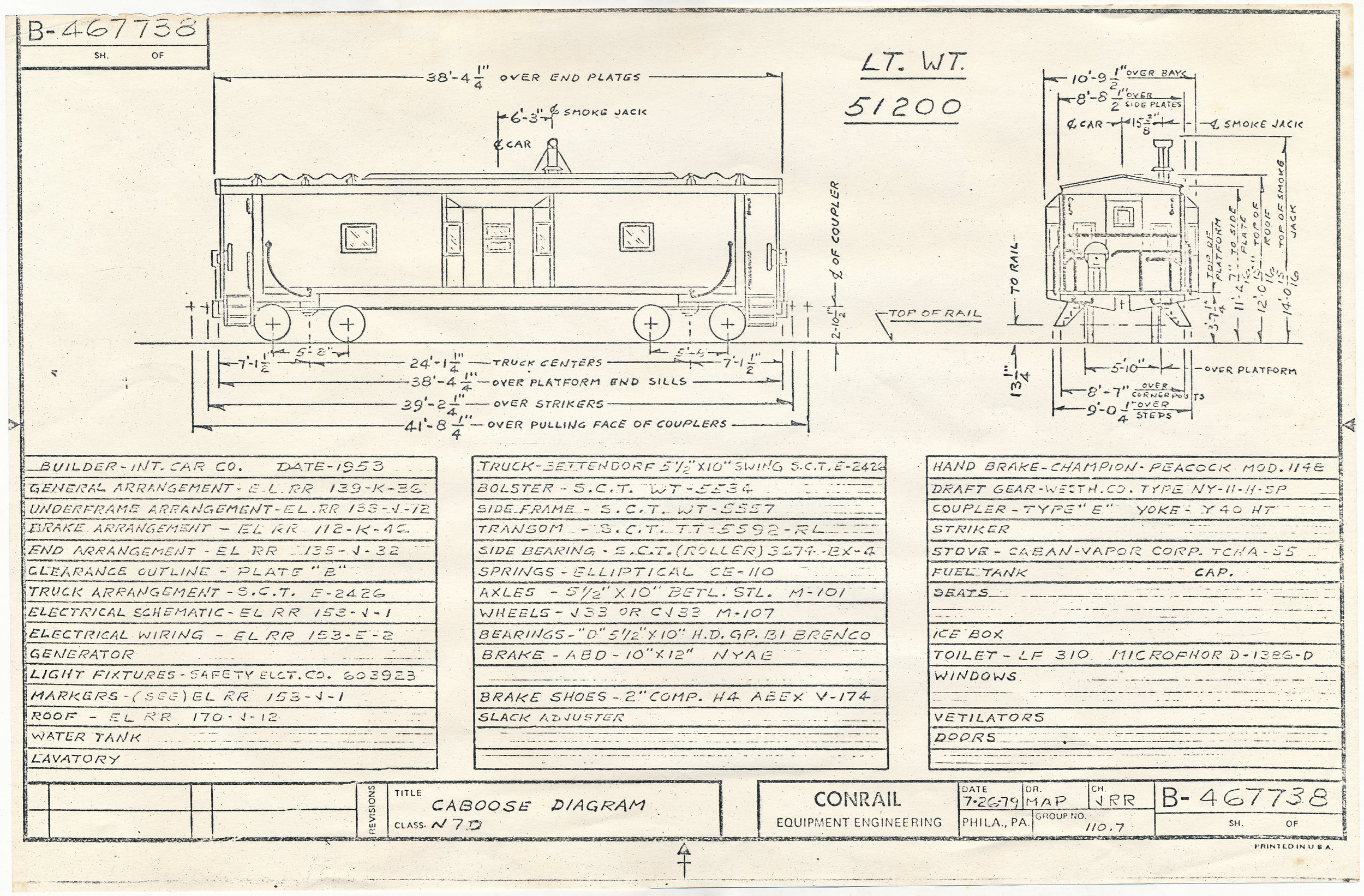 This July 26, 1979 diagram shows the Conrail N7D class of cabooses, of which Erie No. C330 (Conrail No. 21141) was a member. (Collection of The Conrail Historical Society - www.TheCRHS.org )