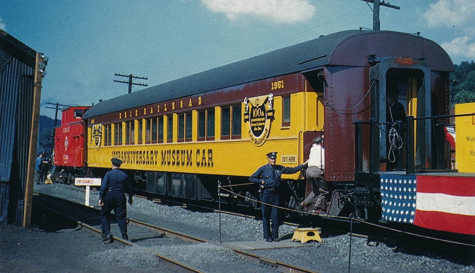 In early 1951, Erie coach #2204 was stripped of its 84 seats and turned into a museum car to tour the Erie system in celebration of the railroad’s 100th anniversary. The car is viewed here on display to the public later that year. (John Benton collection, courtesy Morning Sun Books – Erie/DL&W Color Guide to Freight and Passenger Equipment , page 13)