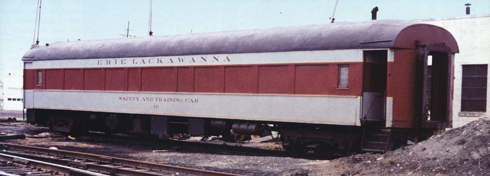 Out touring the Erie Lackawanna system, training car #10 is viewed in Huntington, IN in 1970. (Larry DeYoung photo, courtesy Morning Sun Books – EL Color Guide to Freight and Passenger Equipment , page 117)