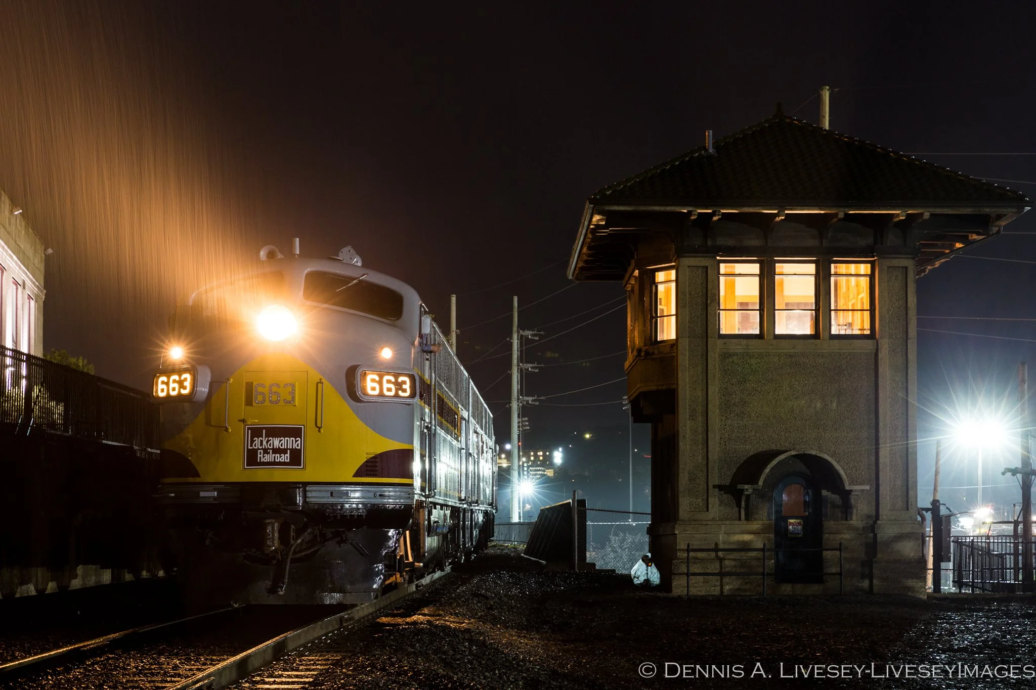 Lackawanna 663 poses alongside Mattes Street Tower in Scranton. Photo courtesy of Dennis Livesey