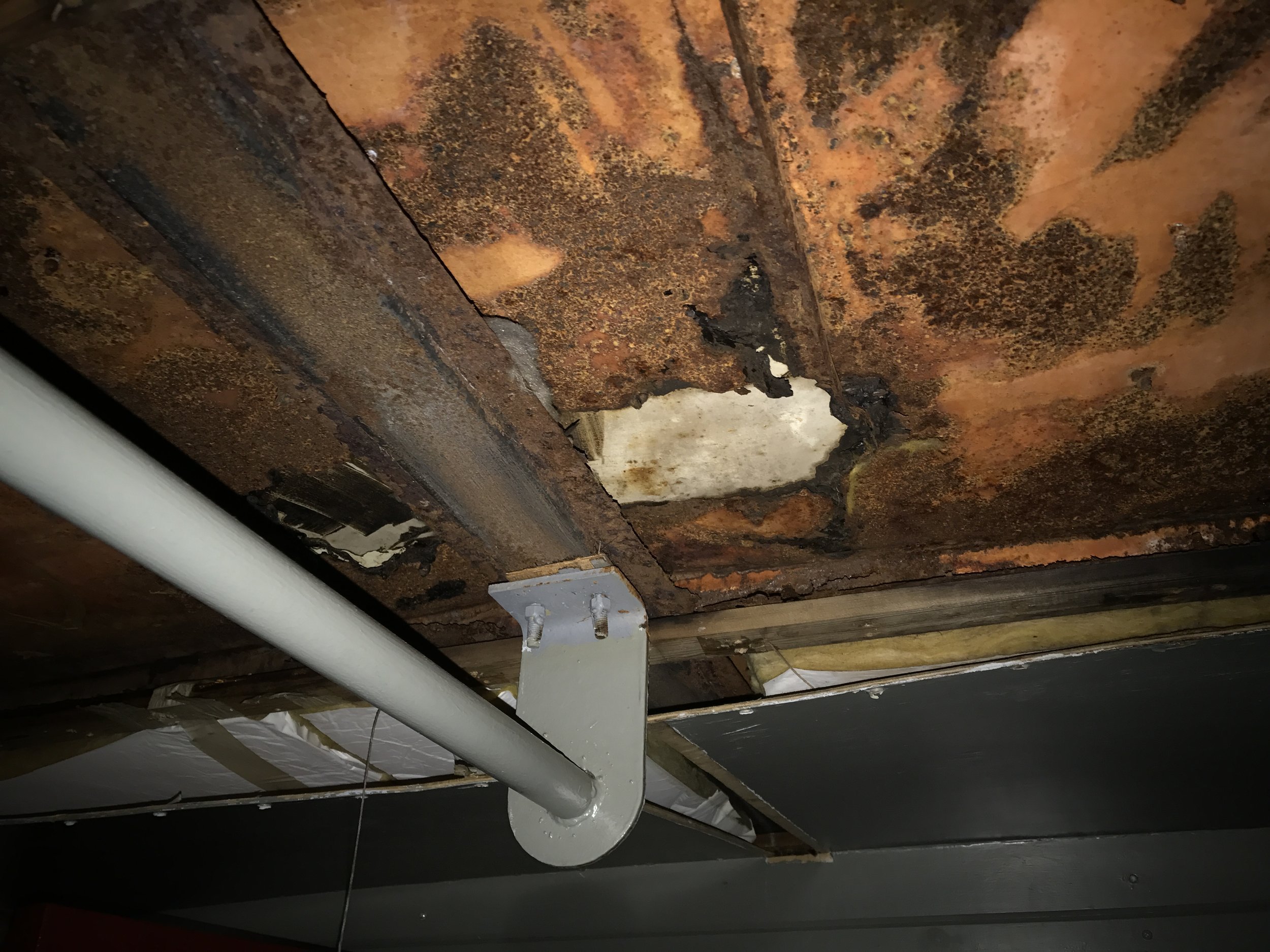  A hole through the ceiling, which was presumably repaired by Conrail, is part of major cause of how water is entering the roof. 
