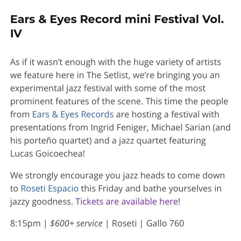 👂 ears&amp;eyes Fest Vol. IV! 👀 

💿 Gracias @lalalistaba y @echu.8 por incluir el #earsandeyesfestival de ma&ntilde;ana en #thesetlist de esta semana! 

📀 Thanks a bunch @lalalistaba and @echu.8 for including tomorrow&rsquo;s ears&amp;eyes mini f