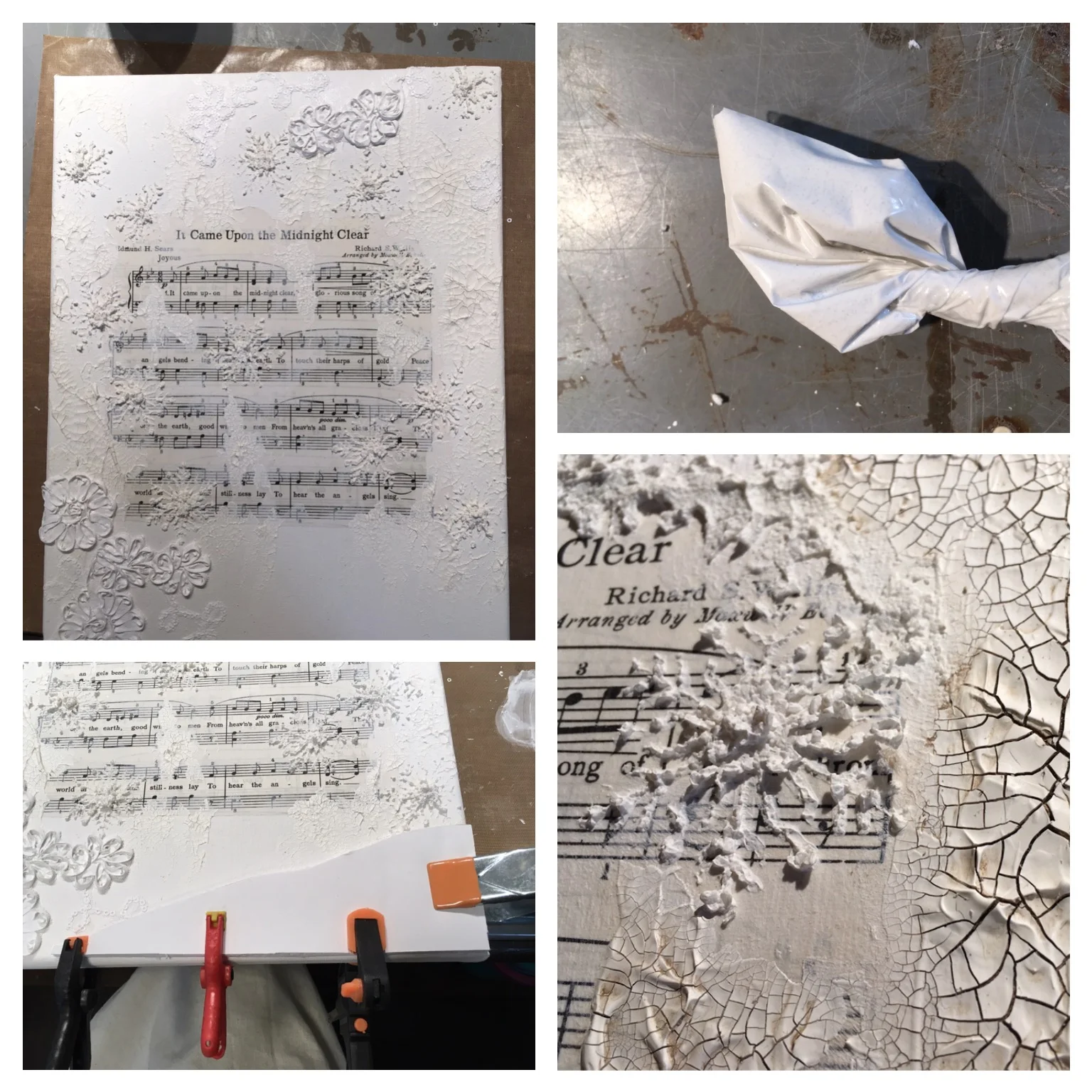 1) Canvas background includes Christmas sheet music, ribbon, texture paste and white crackle medium 2) Plastic baggie filled with 'snow' for piping icicles 3) Clamps hold my 'snowy slope' (foam board) in place while gluing 4) Antiquing cream applied to accent crackle medium