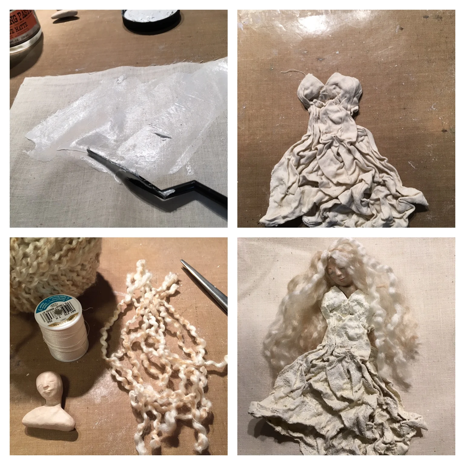1) Modeling paste applied to a square of muslin 2) Gown shaped and allowed to dry before painting 3) Yarn and thread used to make angel's hair 4) Almost done...