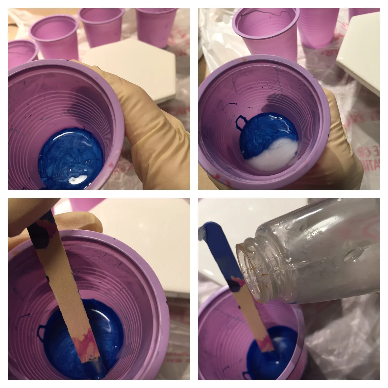 Images left to right: 1. Add paint colors to individual cups 2. Add Floetrol (I just guess at amounts but would estimate 1/5 ratio to paint - again, experiment) 3. Stir completely 4. Add tiny amounts of water and check fluidity