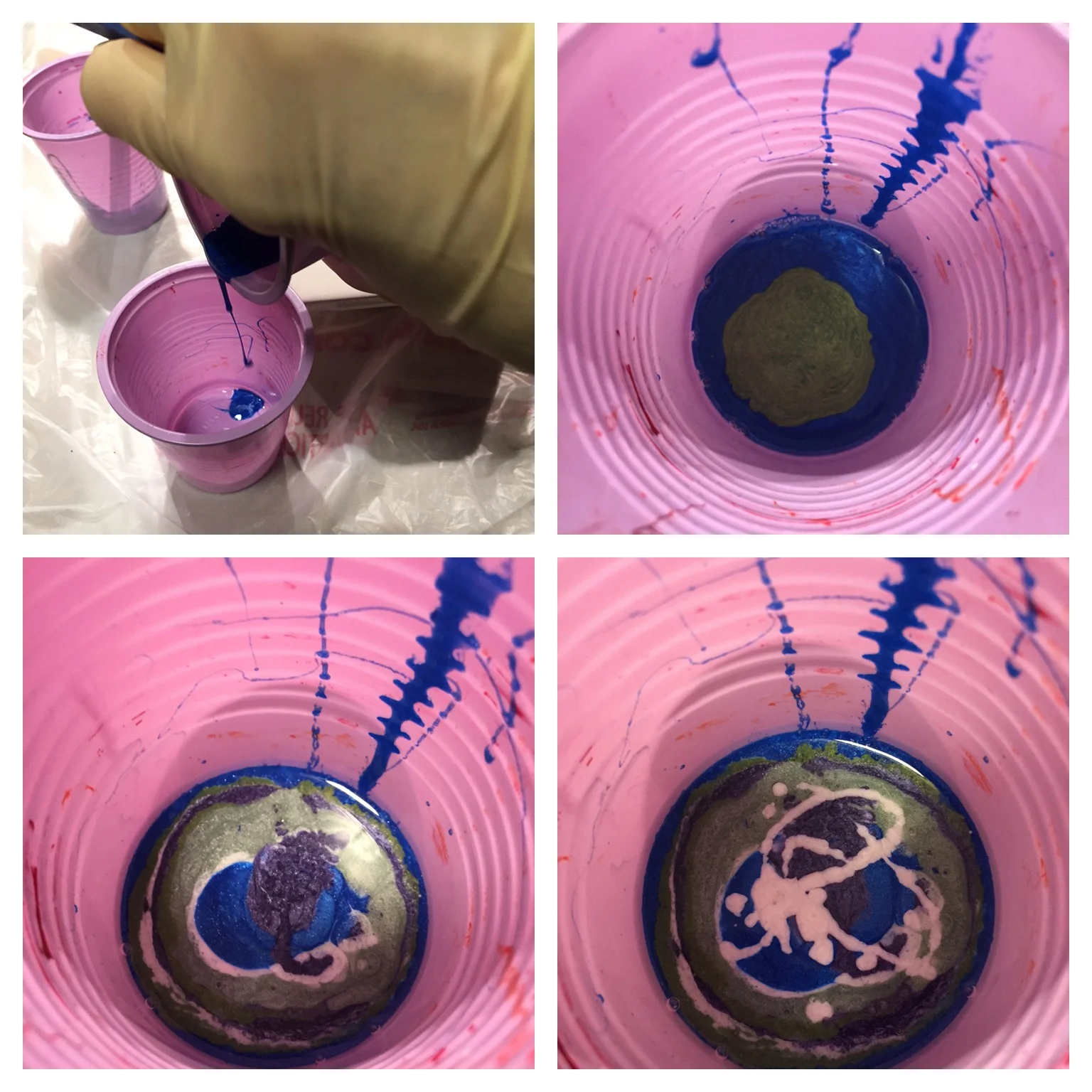 Images left to right: 1. Add your first color choice to your pouring cup. 2. Pour in your next color choice. 3 & 4. Continue layering your colors, repeating colors in any order as desired.