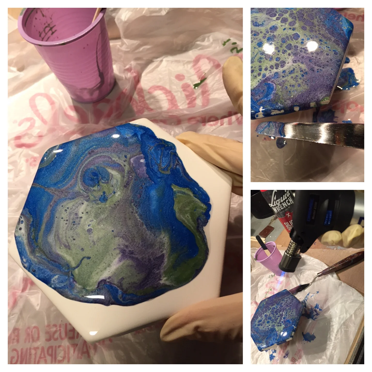 1. Cup lifted and paint is on the move. Watch for areas you want to preserve on your piece, tilting SLOWLY as needed. 2. Using a palette knife, ensure the edges are coated with paint, adding the run-off from the pour. 3. A torch is not always needed, but I gave this a blast hoping for more 'cell' action (sometimes it works, sometimes it doesn't - but I feel so uber cool using the torch!)