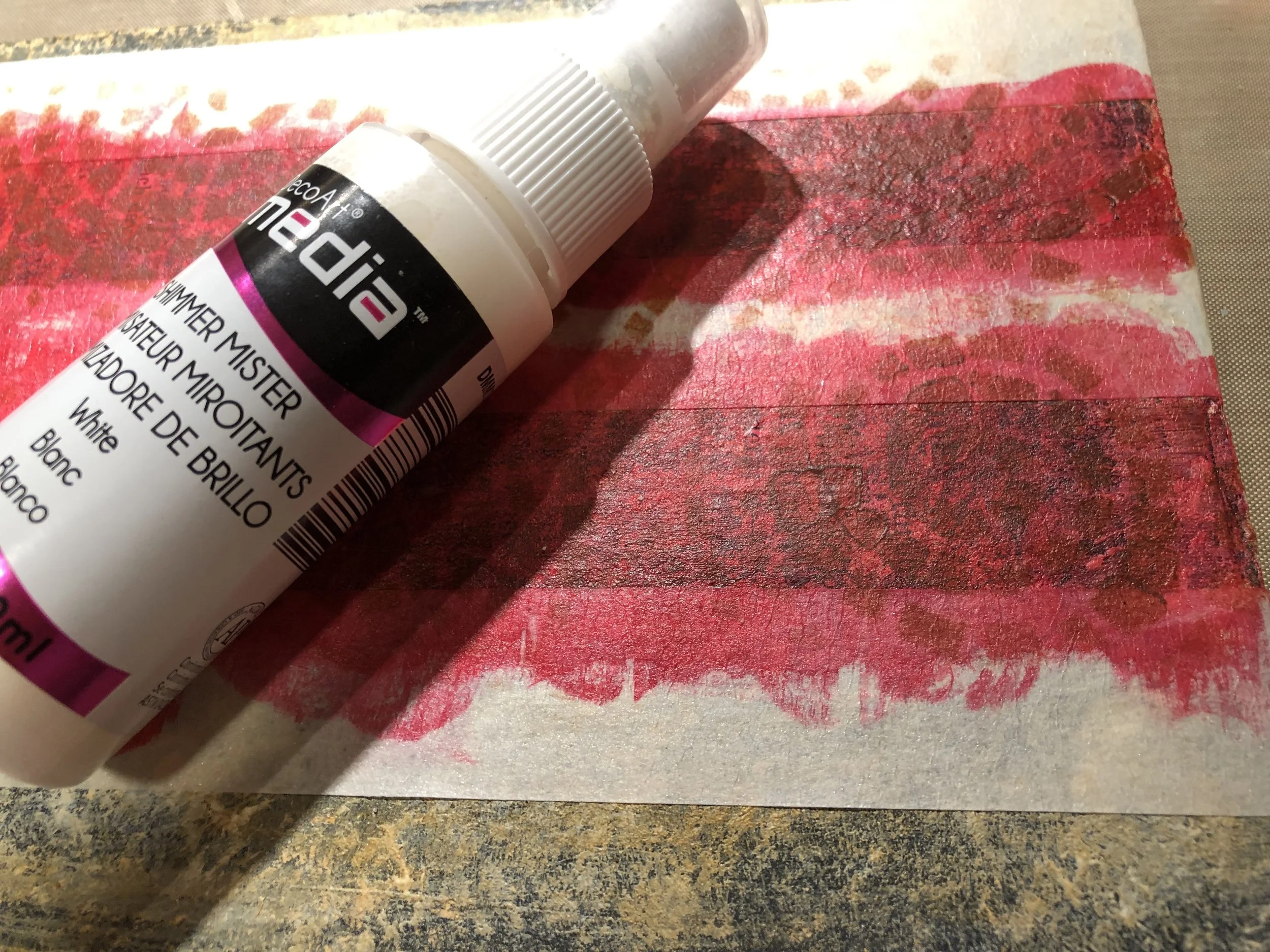 Spray DecoArt Media Shimmer Mister in ‘White’ over the piece.