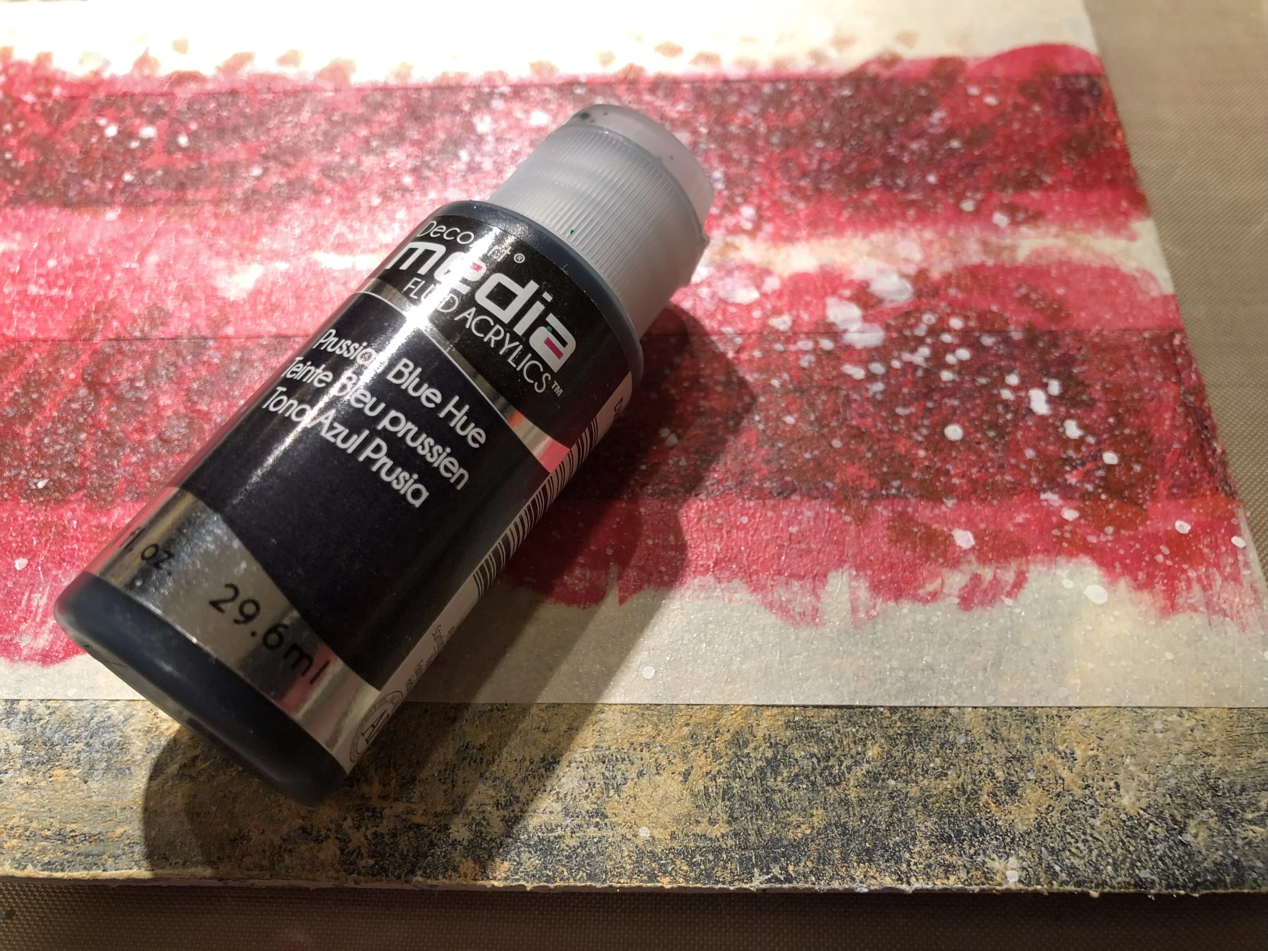 Paint top stripe in DecoArt Media Fluid Acrylic in ‘Prussian Blue Hue’. Using a star stencil and a sponge, lightly pounce DecoArt Media White Gesso.