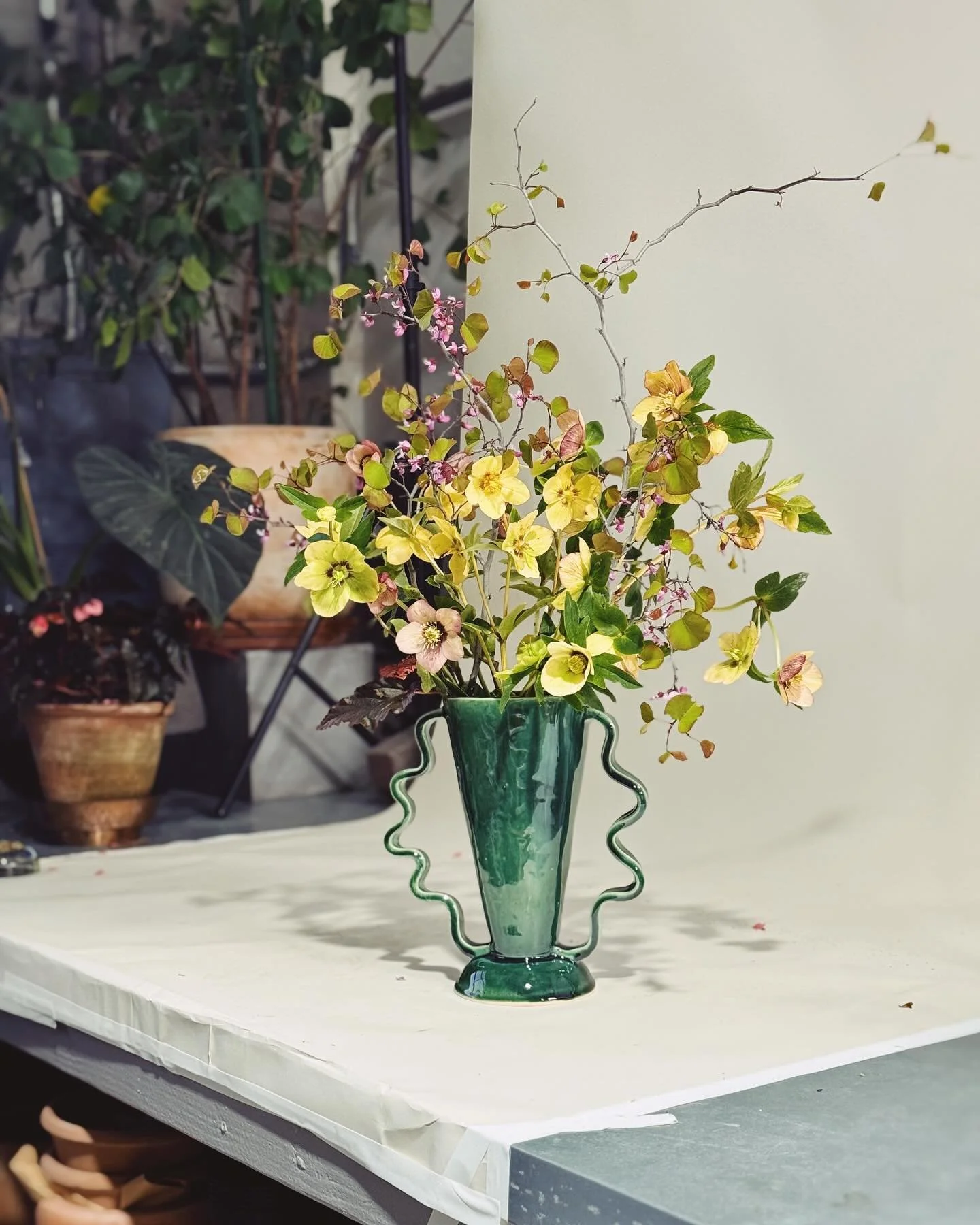 So simple but I can&rsquo;t get my eyes off these beautiful hellebores. 

New - amazing! - vases by @_morgan_peck_  Thank you for the introductions @natmatsky !
Foraged redbuds @mflora.design - who ran up the hill like no one was watching!! 

I love 