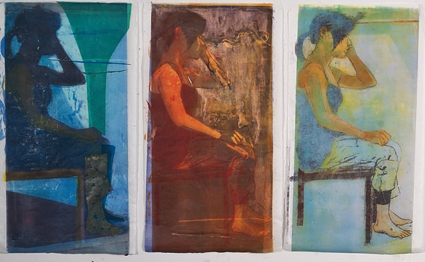 "Collect Calls", Woodcut, Monotype, and Chine Colle on mulberry paper, 53"x30"