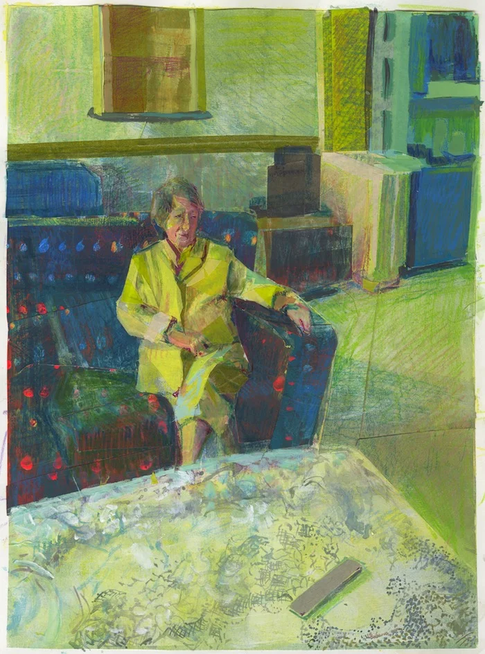 Polka Dotted Couch, Gouache, collage, color pencil and washi tape on paper