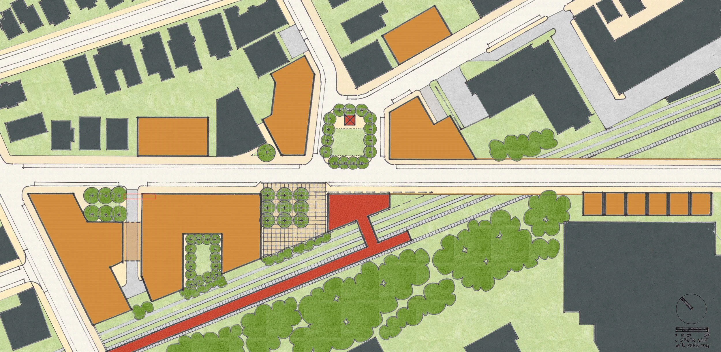 Illustrative site plan for the proposed Gilman Square, including new subway station (in red) and mixed-use infill development (in orange). 