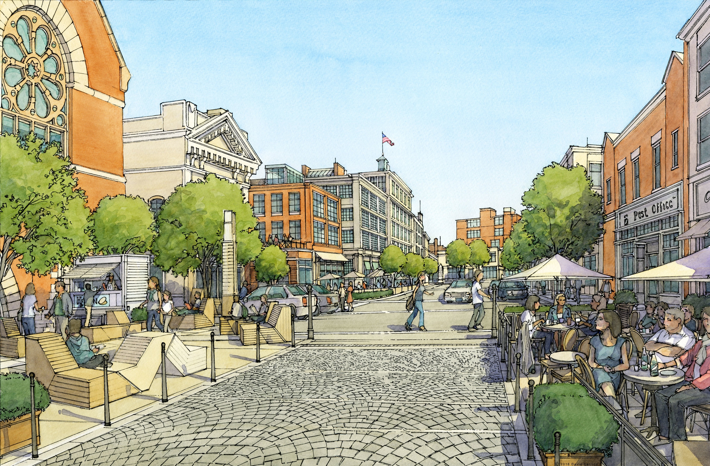 The proposed Union Square Neighborhood Plan includes shared space that provides equal access to cars, pedestrians, and cyclists.