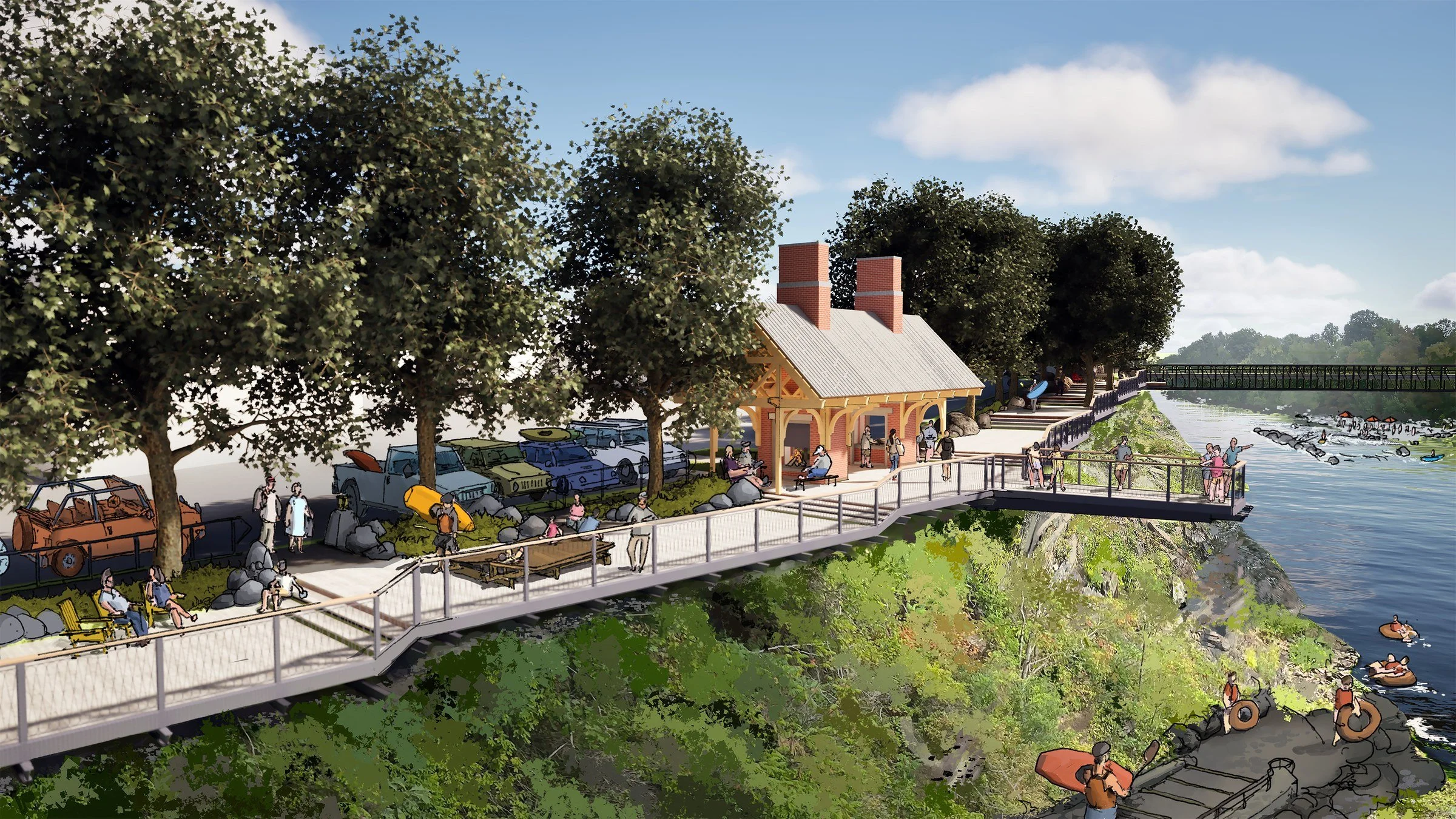 Rendering of the New Balance Foundation Boardwalk on the Kennebec River in downtown Skowhegan, Maine