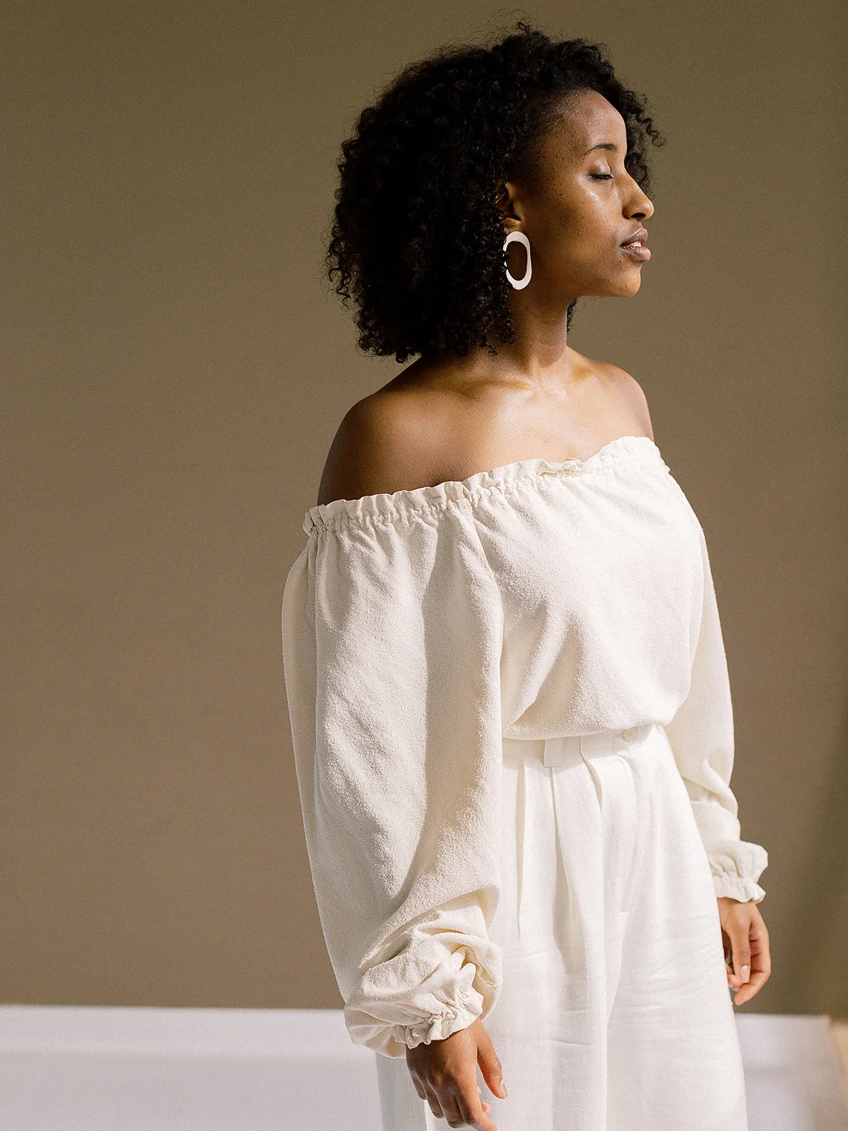 Statement Ceramic Earrings and White off the Shoulder Ruffle Vintage Top
