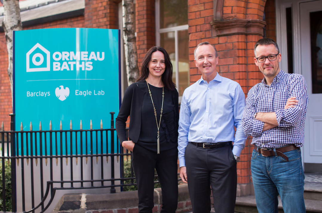 Sarah with Adrian Doran, Ormeau Baths Partner and Head of Corporate Banking for Barclays in Northern Ireland, and co-founder Jon Bradford.