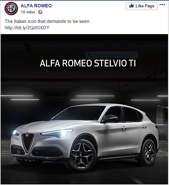 Alfa Romeo X post showcasing the dramatic elegance of the Stelvio TI.